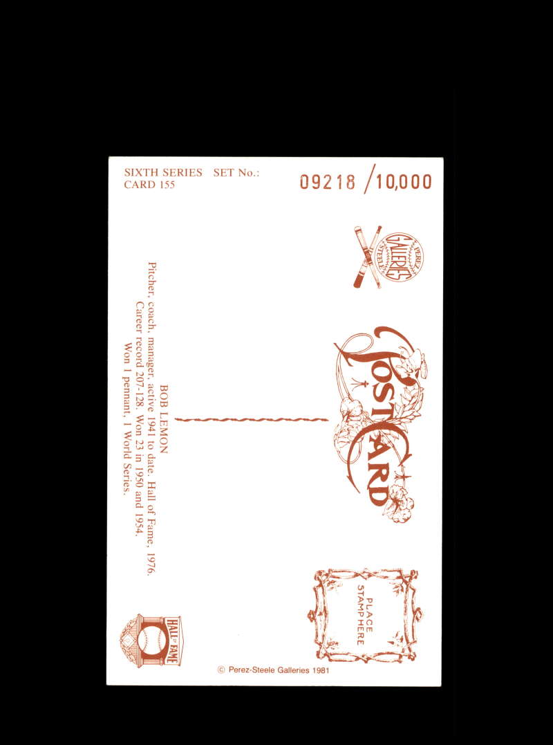 Bob Lemon Hand Signed Perez Steele Postcard  Autograph