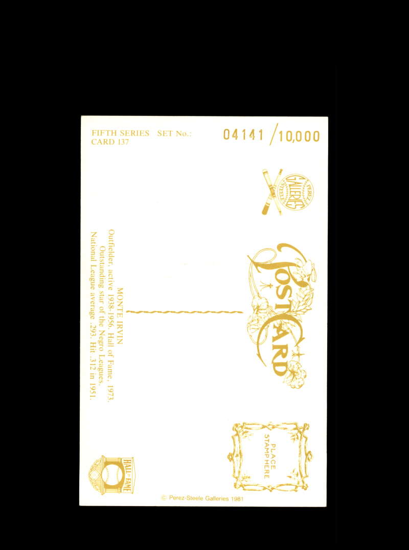 Monte Irvin Hand Signed Perez Steele Postcard  Autograph