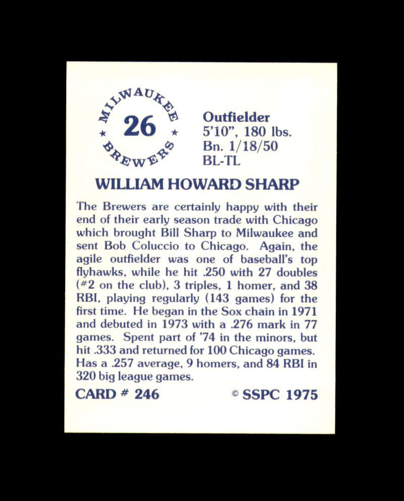 Bill Sharp Hand Signed 1975 SSPC Milwaukee Brewers Autograph