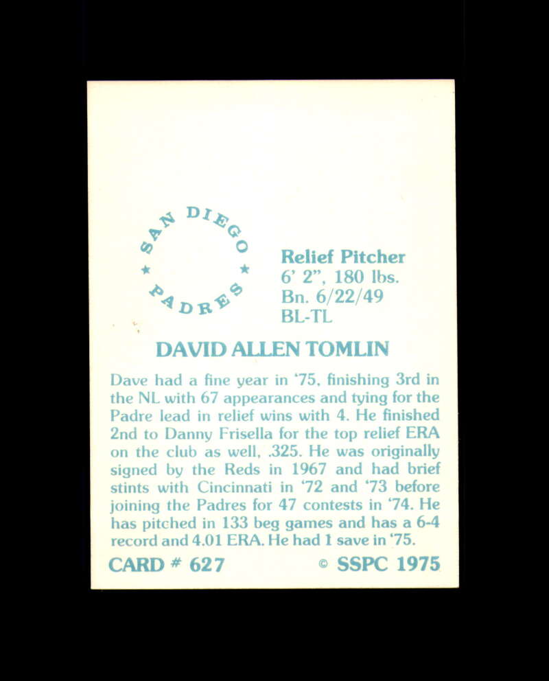 Dave Tomlin Hand Signed 1975 SSPC San Diego Padres Autograph