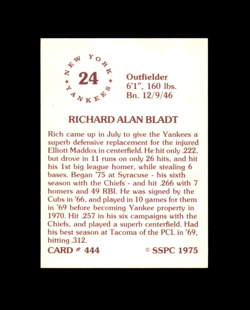 Rick Bladt Hand Signed 1975 SSPC New York Yankees Autograph
