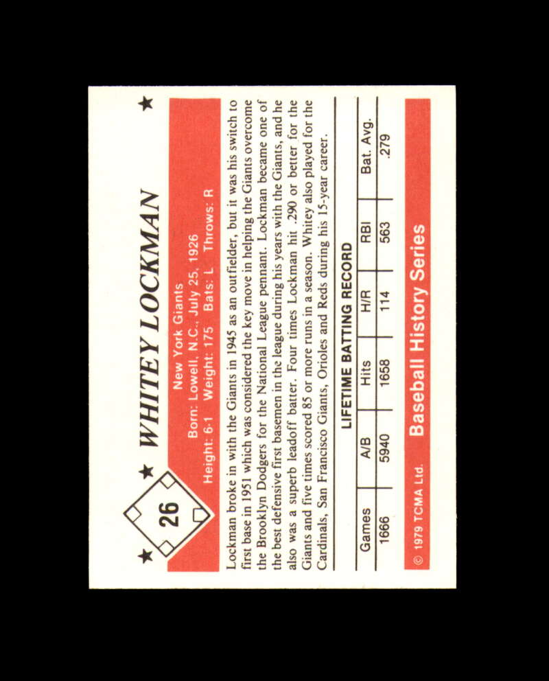 Whitey Lockman Signed 1979 TCMA Baseball History New York Giants Autograph