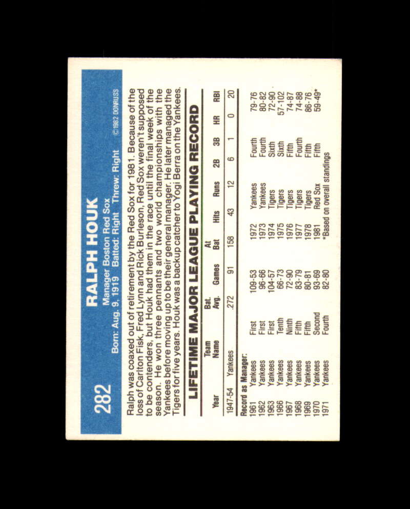 Ralph Houk Hand Signed 1982 Donruss Boston Red Sox Autograph