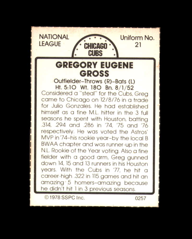 Gregory Gross Signed 1978 SSPC Chicago Cubs Autograph
