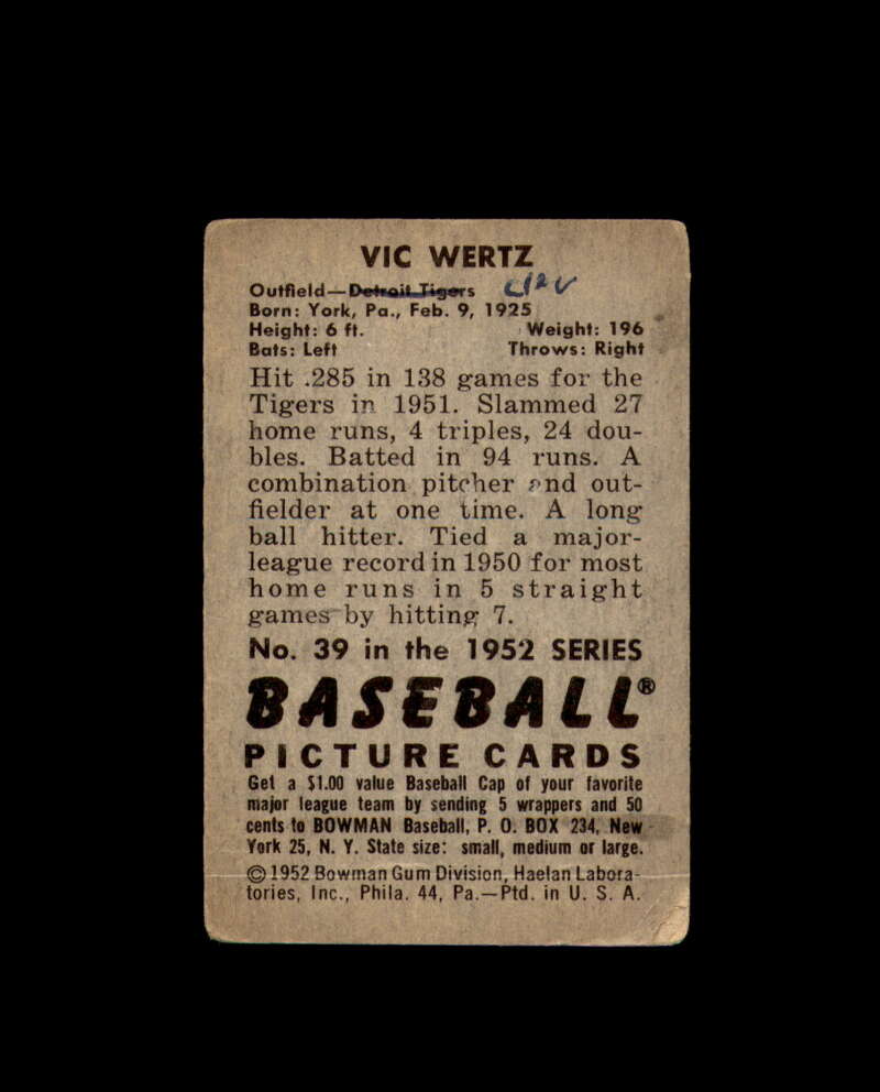 Vic Wertz Hand Signed 1952 Bowman Detroit Tigers Autograph