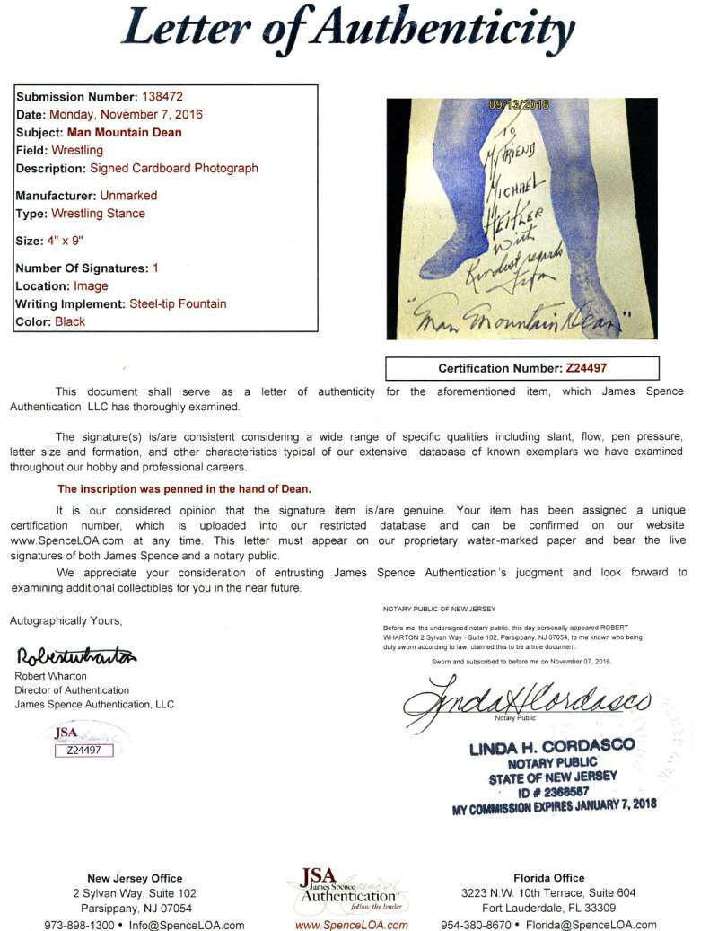 Man Mountain Dean JSA Coa Hand Signed Photo Cut Autograph
