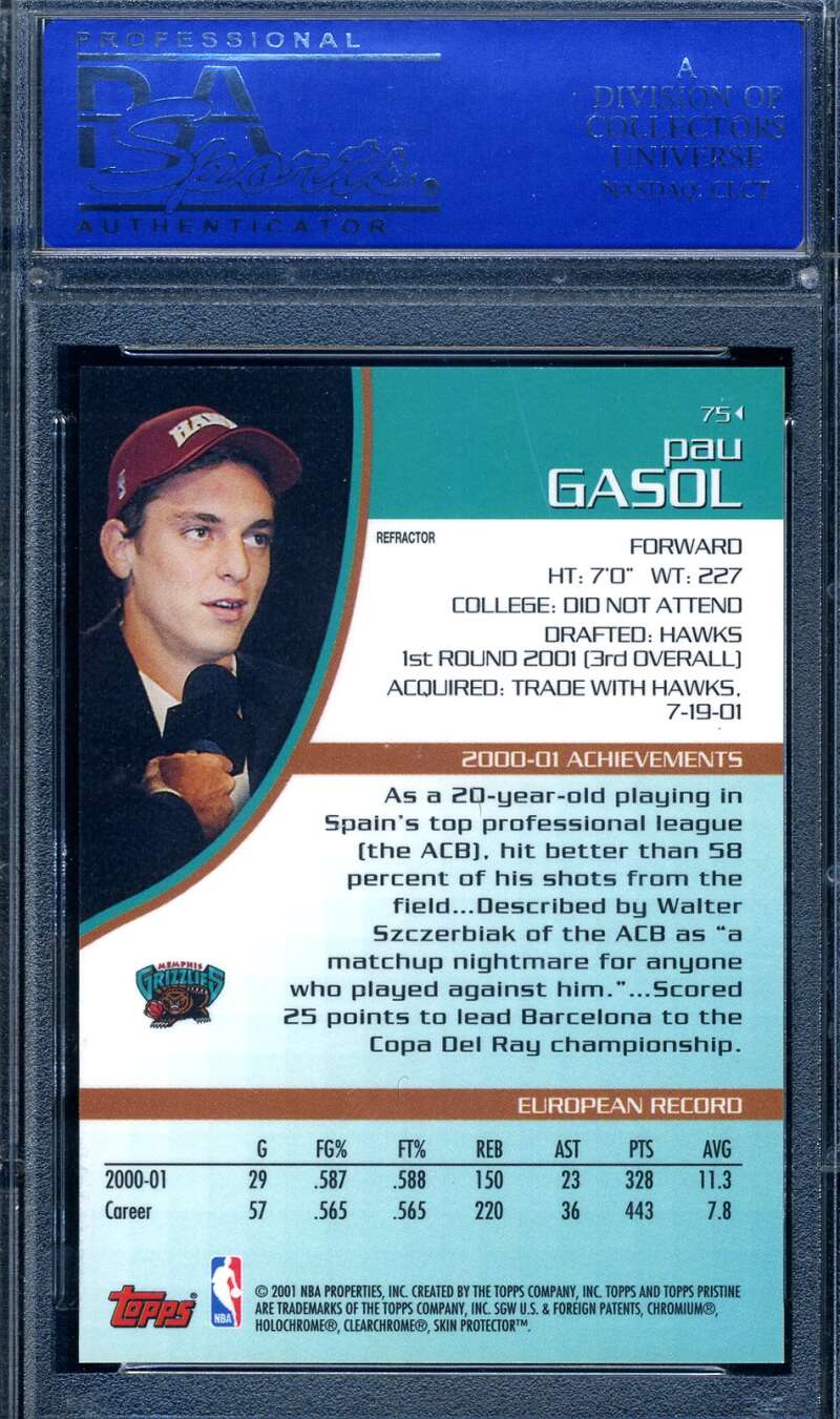 Pau Gasol Psa Mint 9 2001 Topps Pristine Refractor Rookie