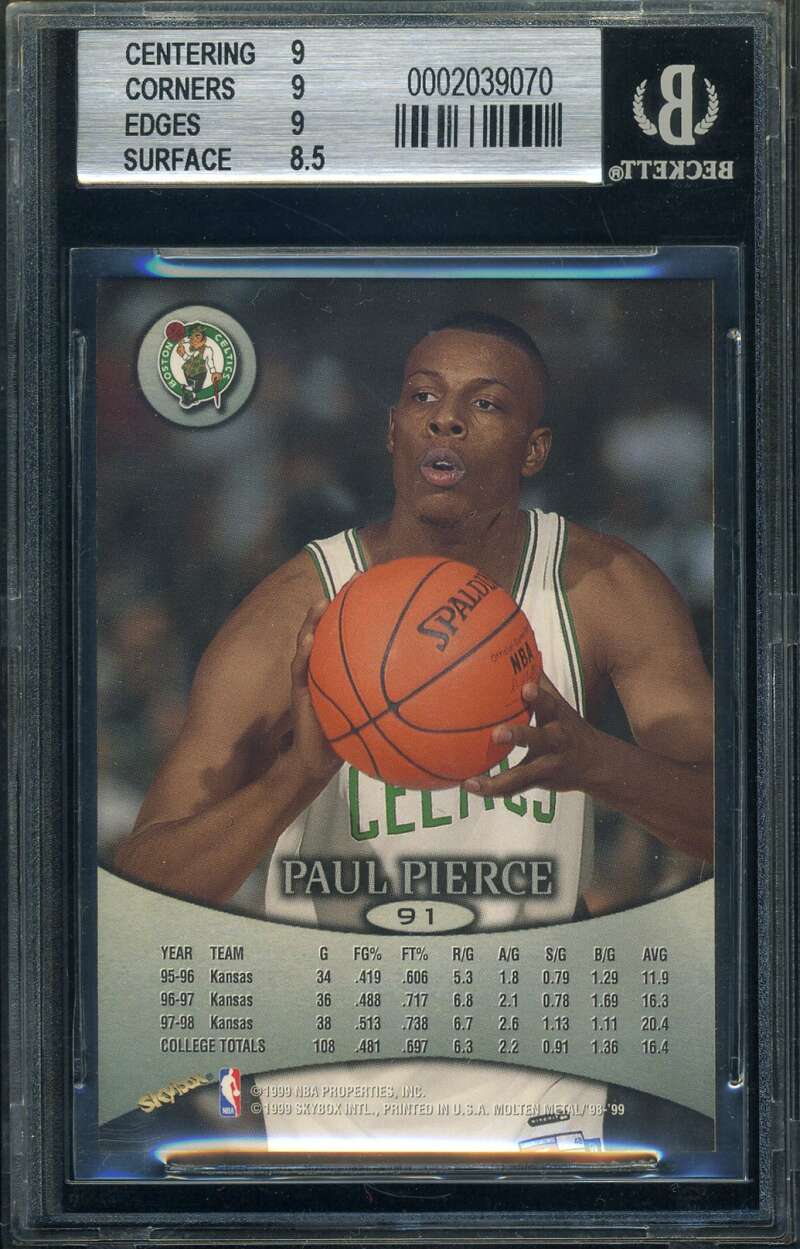Paul Pierce BGS Beckett Mint 9 1998 Skybox Molten Metal Rookie