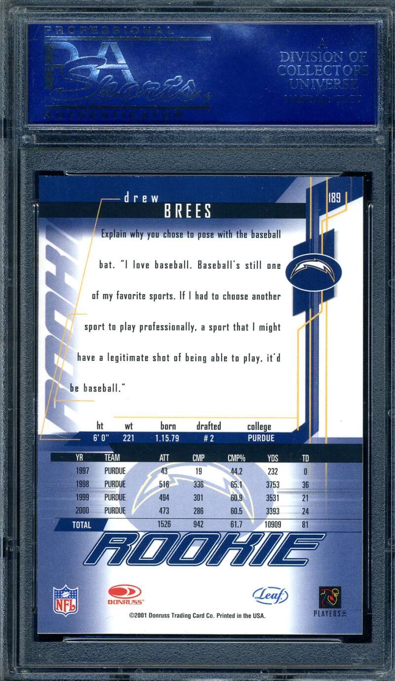 Drew Brees PSA Mint 9 2001 Leaf Rookies And Stars