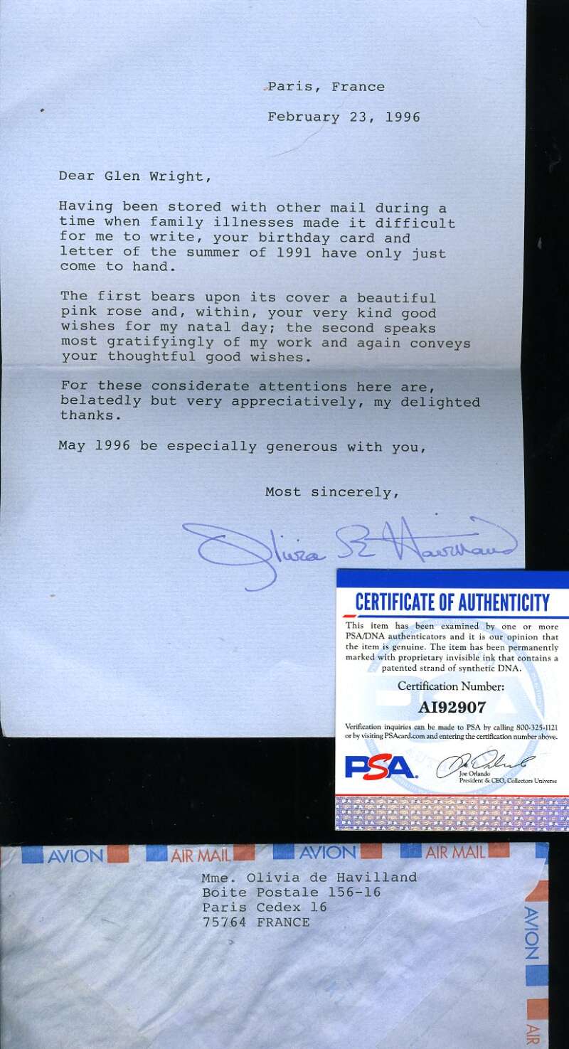 Olivia DeHavilland JSA Coa Signed 1996 Letter Autograph
