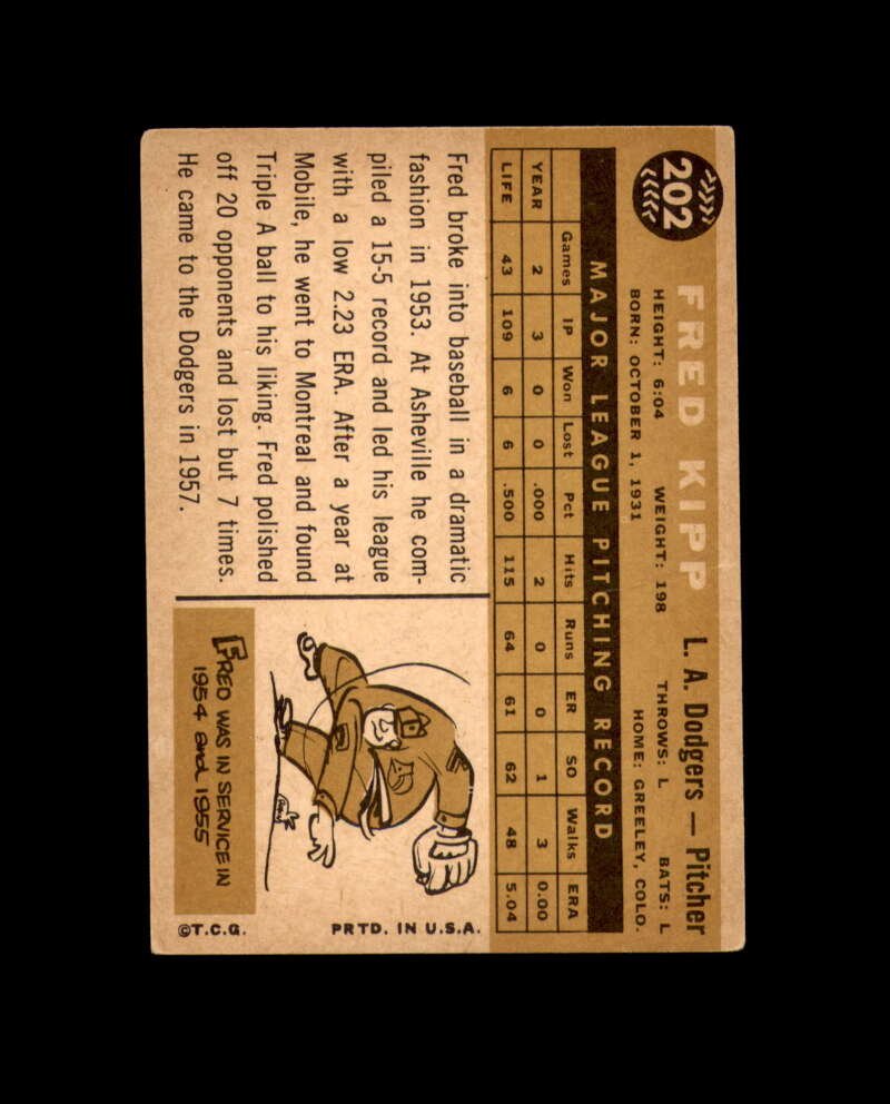 Fred Kipp Hand Signed 1960 Topps Los Angeles Dodgers Autograph