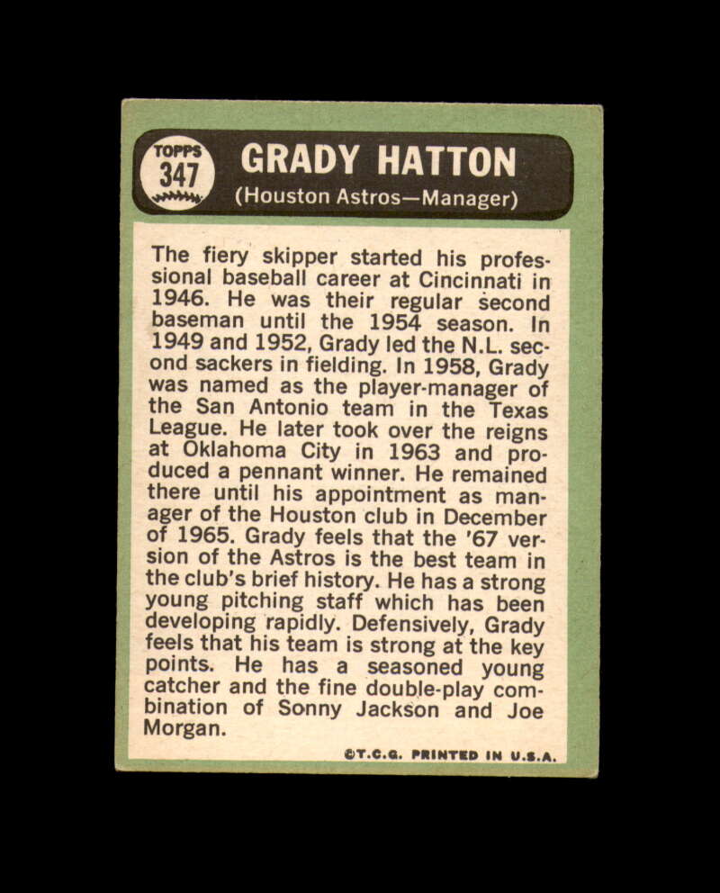 Grady Hatton Hand Signed 1967 Topps Houston Astros Autograph