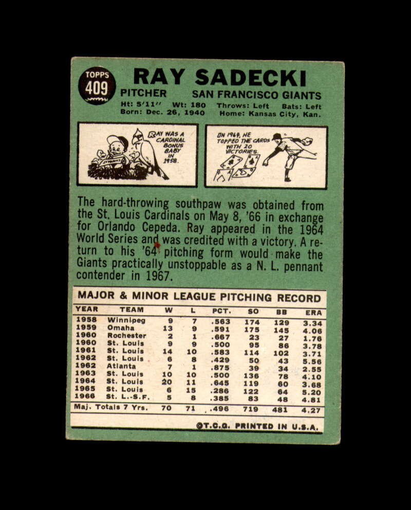 Ray Sadecki Hand Signed 1967 Topps San Francisco Giants Autograph