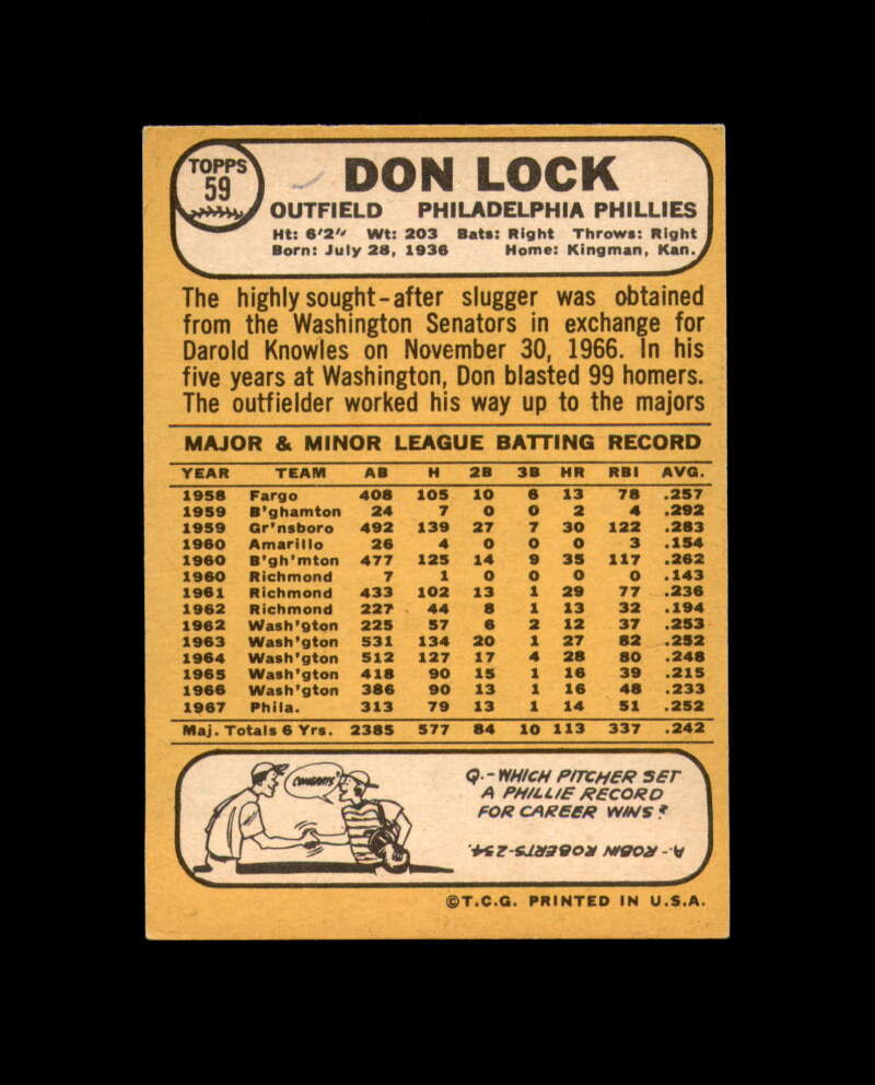 Don Lock Signed 1968 Topps Philadelphia Phillies Autograph