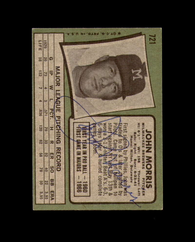 John Morris Hand Signed 1971 Topps Milwaukee Brewers Autograph
