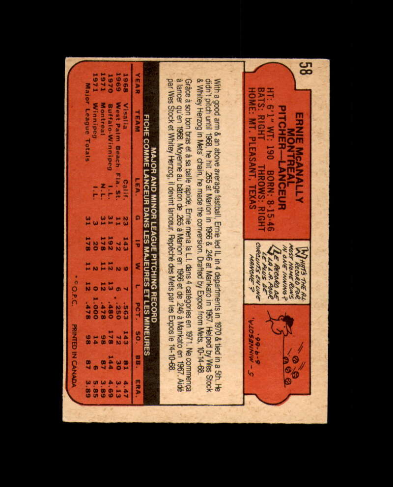 Ernie McAnally Hand Signed 1972 Topps O Pee Chee Montreal Expos Autograph
