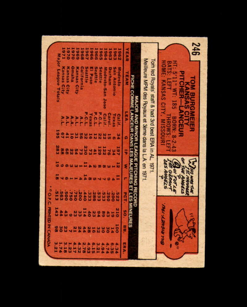 Tom Burgmeier Hand Signed 1972 Topps O Pee Chee Kansas City Royals Autograph