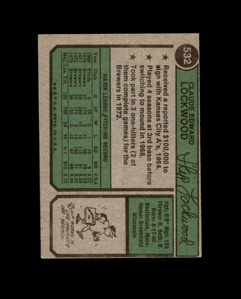 Skip Lockwood Hand Signed 1974 Topps California Angels Autograph
