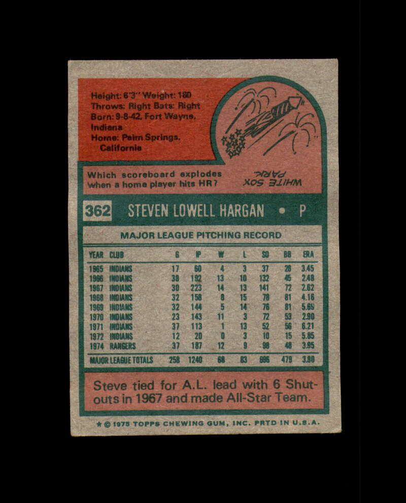 Steve Hargan Signed 1975 Topps Texas Rangers Autographed