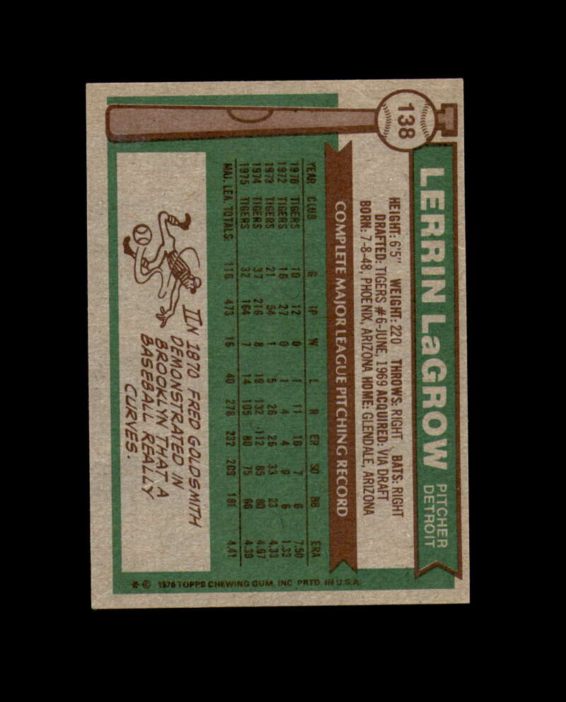 Lerrin Lagrow Hand Signed 1976 Topps Detroit Tigers Autograph