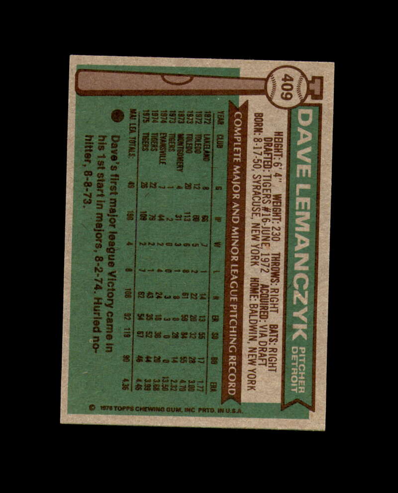 Dave Lemanczyk Signed 1976 Topps Detroit Tigers Autograph