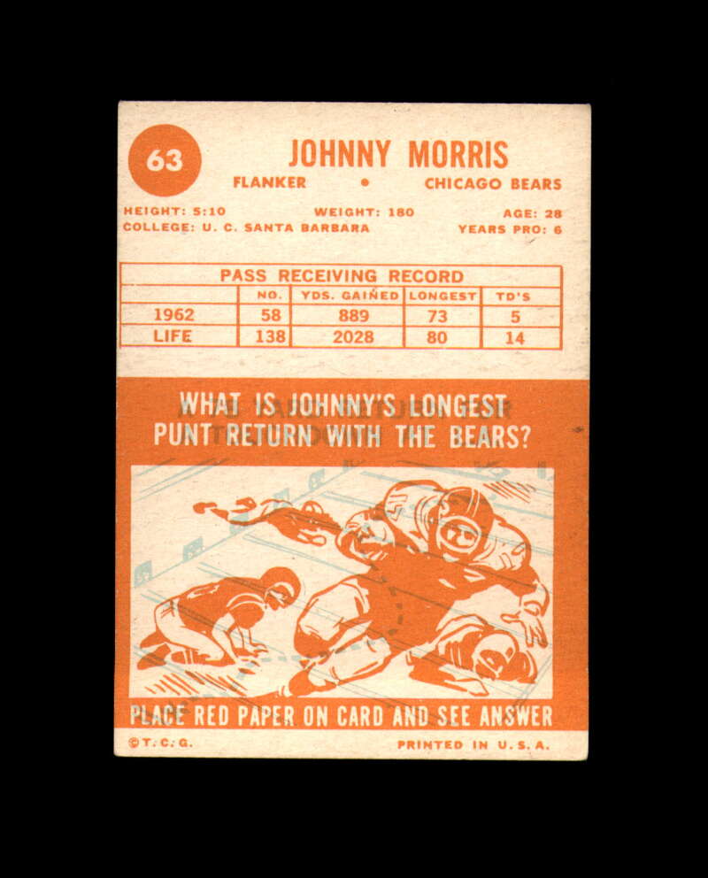 Johnny Morris Hand Signed 1963 Topps Chicago Bears Autograph