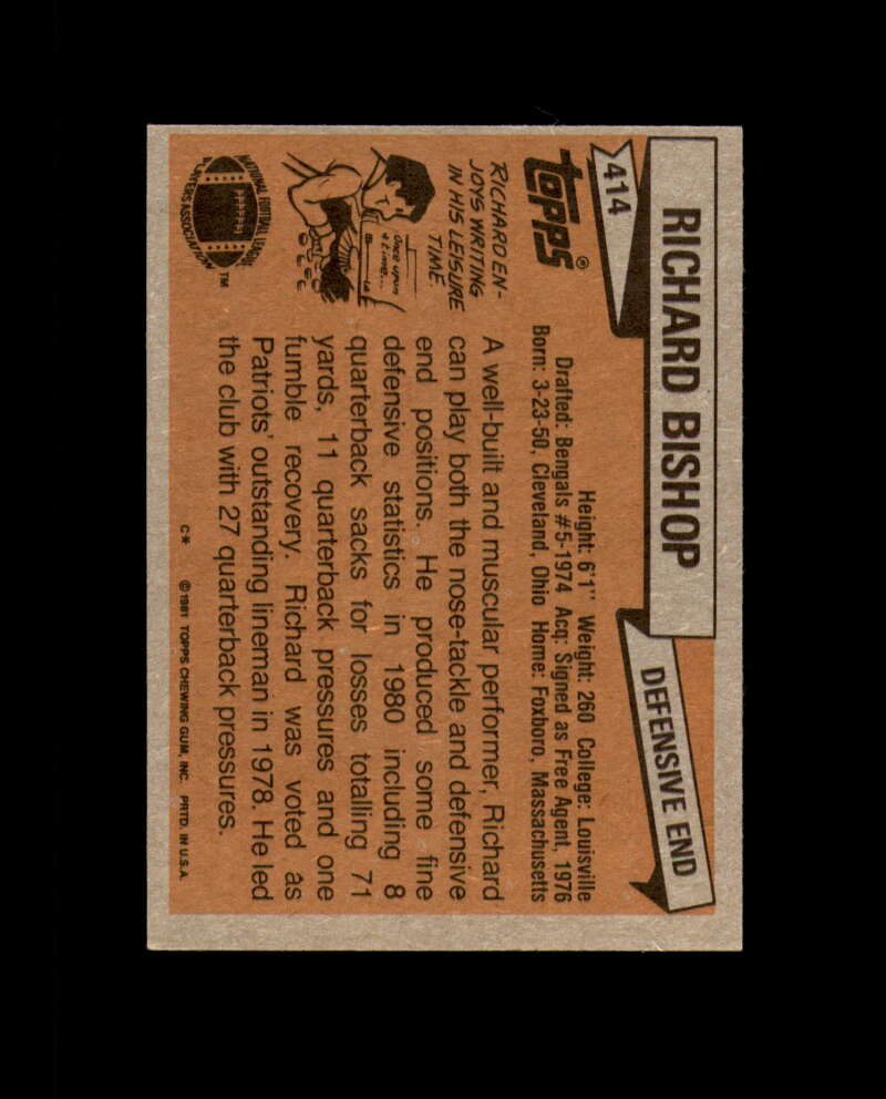 Richard Bishop Hand Signed 1981 Topps New England Patriots Autograph
