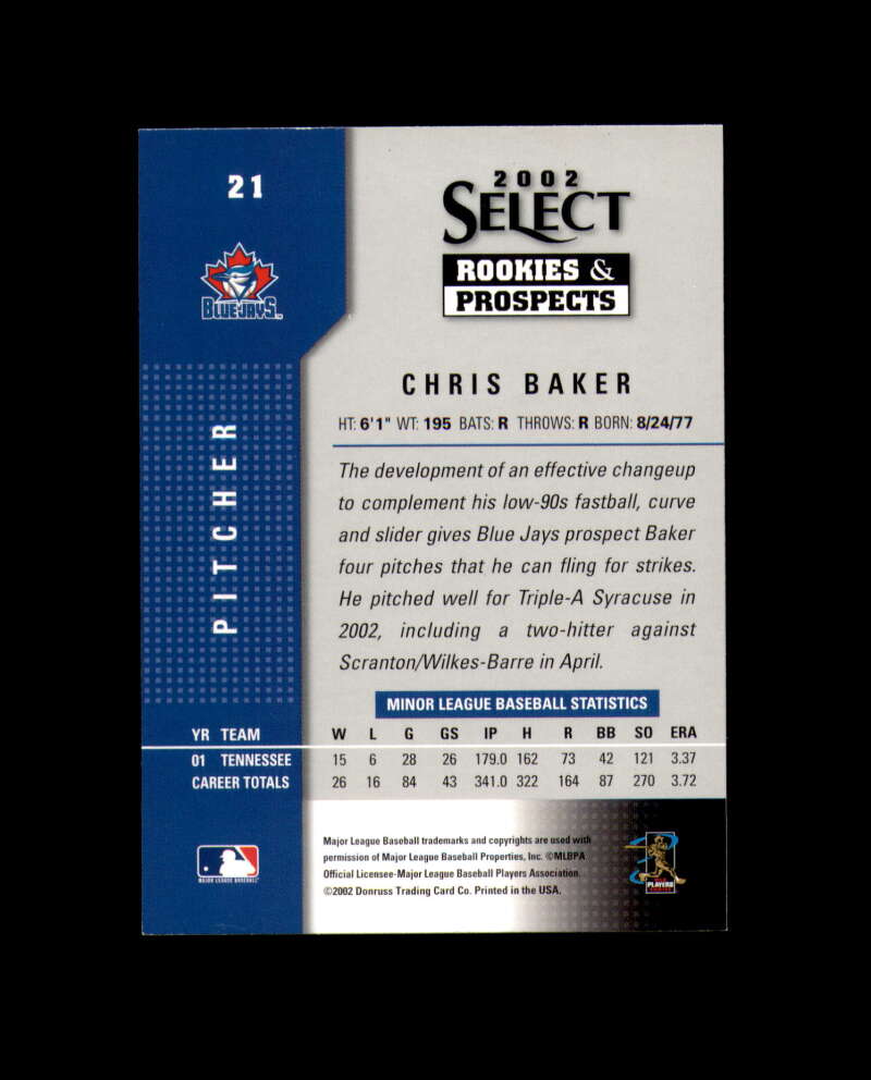 Chris Baker 2002 Select Rookies and Prospects Autograph Blue Jays