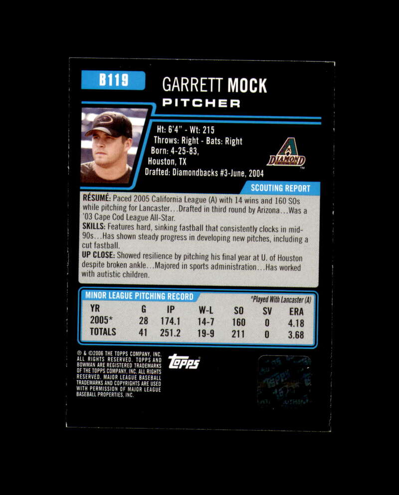 Garrett Mock 2006 Bowman Prospects  Autograph Diamondbacks