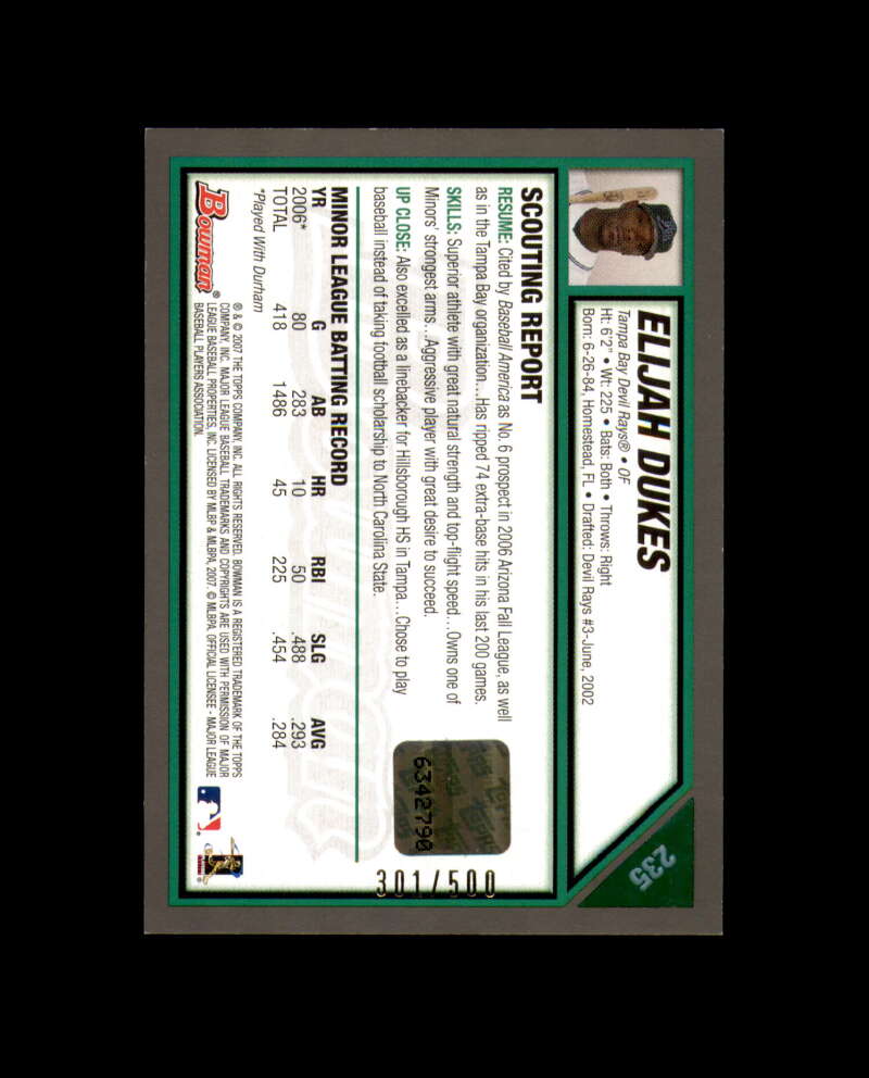 Elijah Dukes 2007 Bowman Blue 301/500 Autograph Devil Rays
