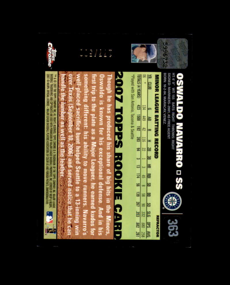 Oswaldo Navarro 2007 Chrome Refractors 177/500 Signed Topps Mariners
