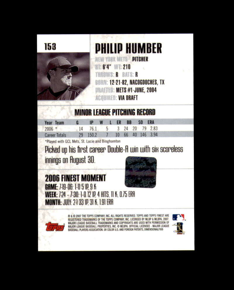 Philip Humber 2007 Finest Signed Topps Mets