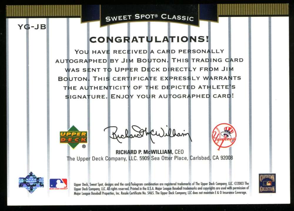 Jim Bouton 2003 Upper Deck Sweet Spot Black 090/100 Autograph Yankees