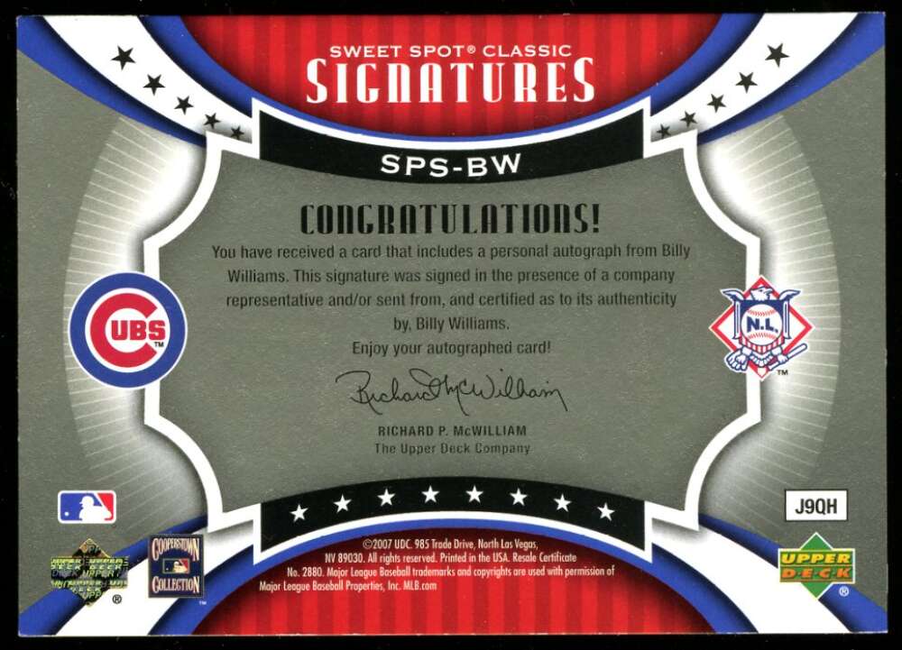 Billy Williams 2007 Upper Deck Sweet Spot 012/026 Autograph Cubs