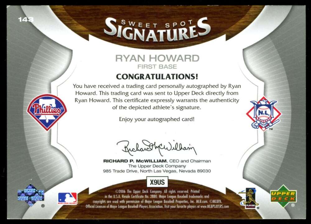 Ryan Howard 2006 Upper Deck Sweet Spot 062/150 Autograph Phillies