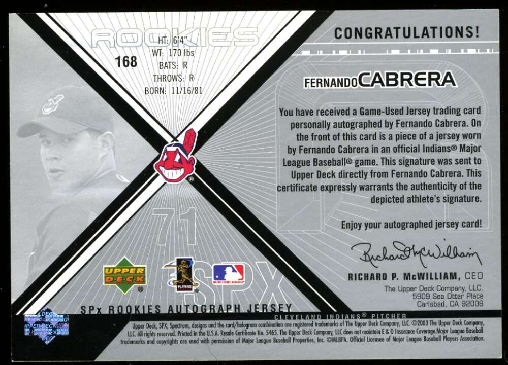 Fernando Cabrera 2003 Upper Deck SPX 0481/1224 Autograph Indians