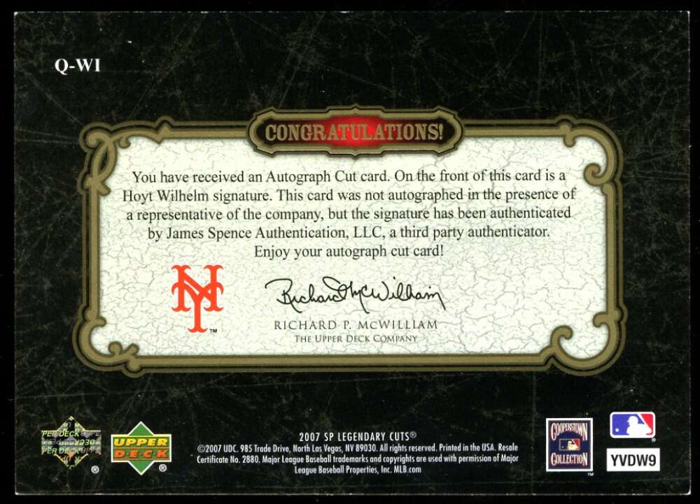 Hoyt Wilhelm 2007 Upper Deck SP Legendary Cuts 14/37 Autograph Mets