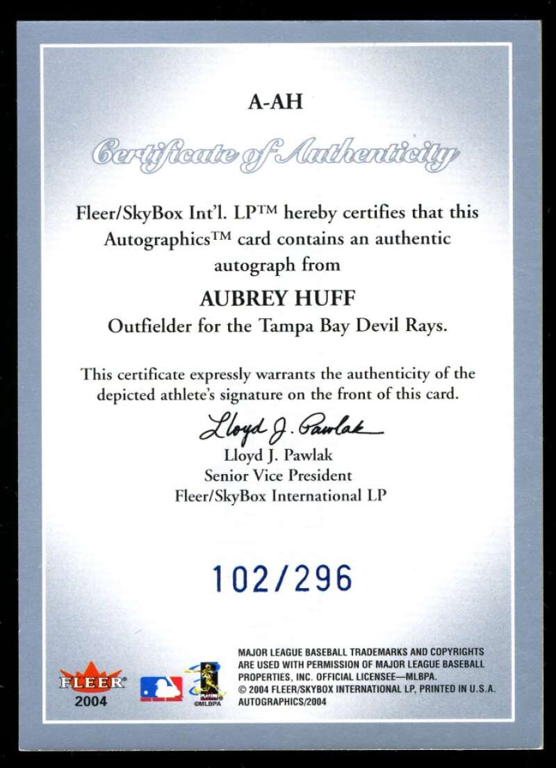 Aubrey Huff 2004 Skybox Autographics 102/296 Autograph Devil Rays