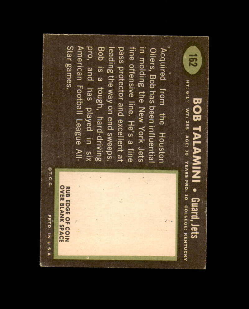 Bob Talamini Signed 1969 Topps New York Jets Autograph