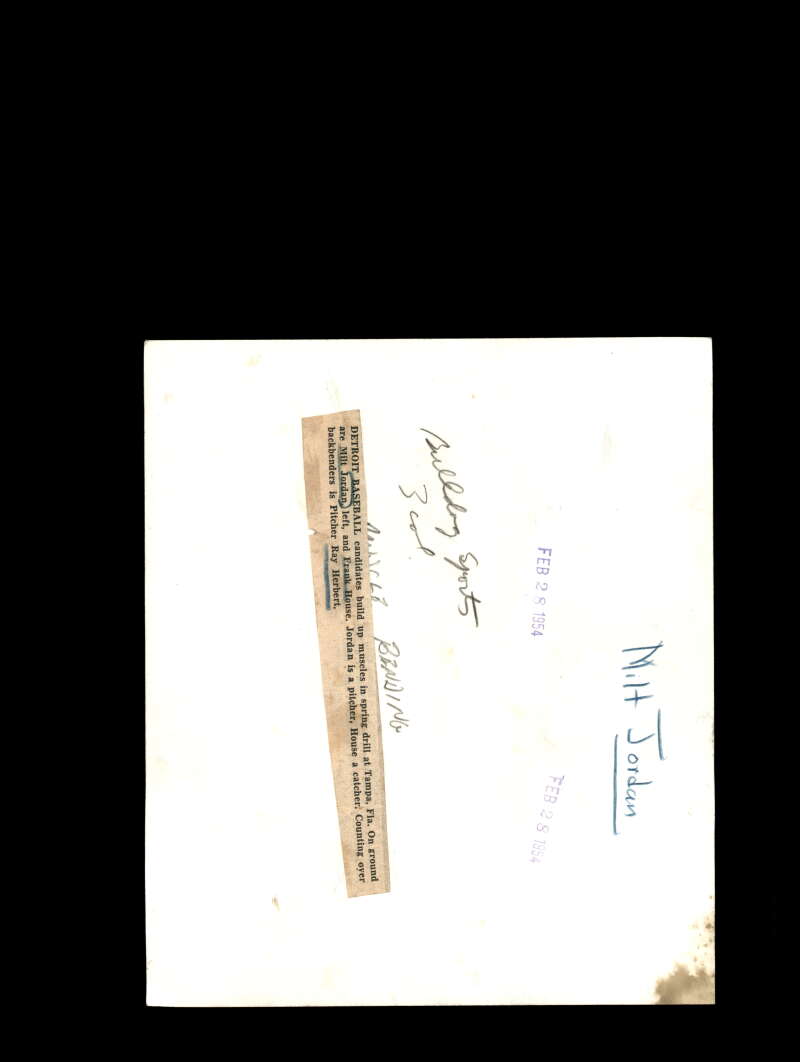 Milt Jordan Frank House Signed 1954 6x7 Detroit Tigers Original Wire Photo Autograph