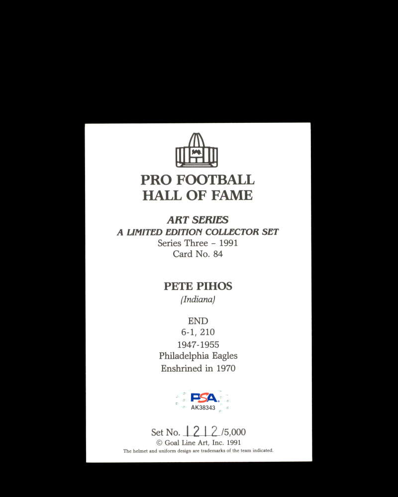 Pete Pihos PSA DNA Coa Signed Goal Line Art Card GLAC Autograph