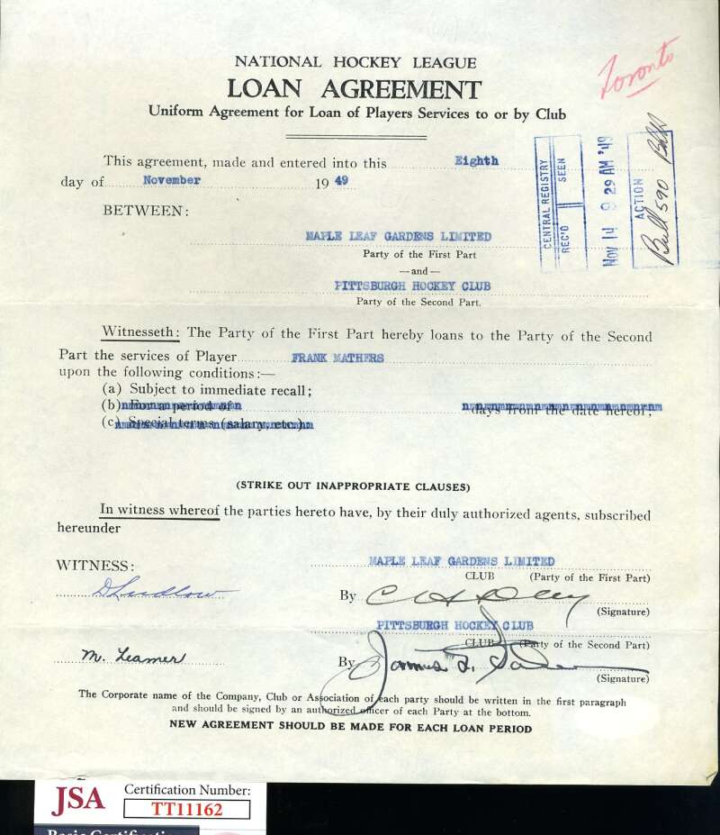 Happy Day JSA Signed Coa Rare 1949 Maple Leafs Contract