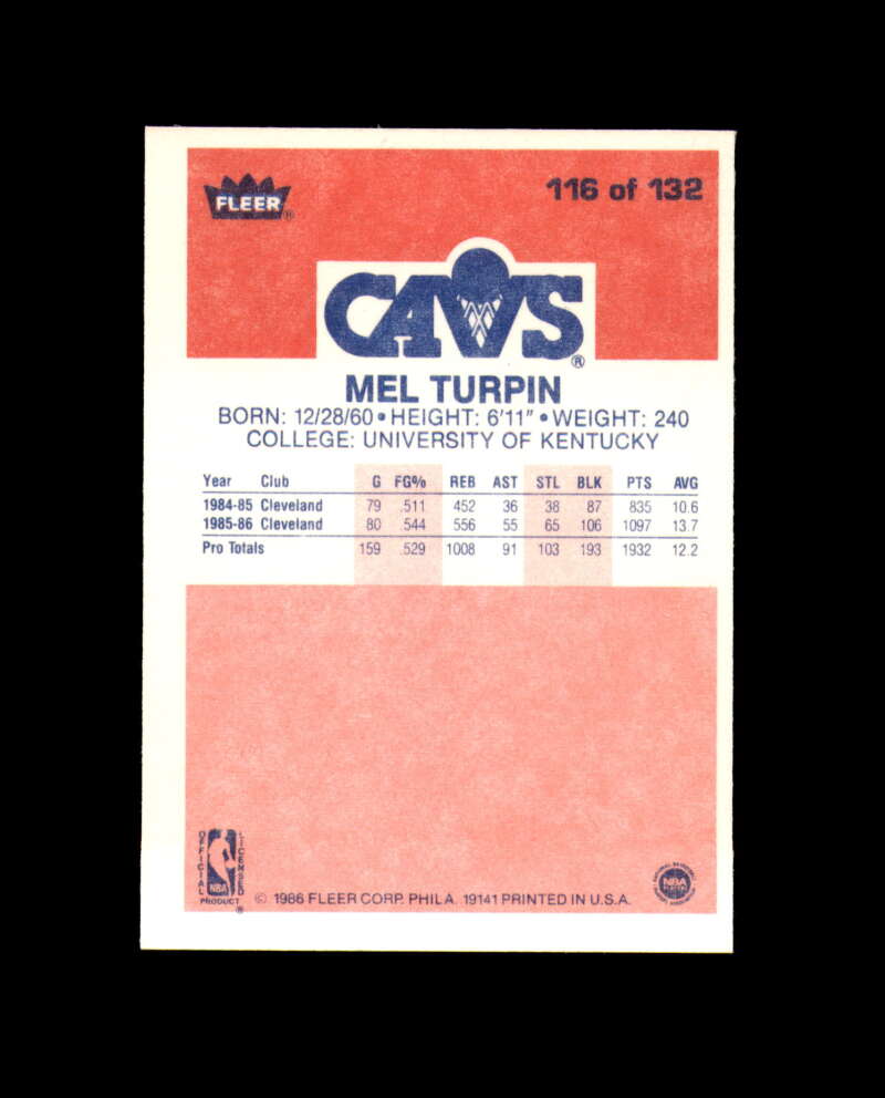 1986-87 Fleer #116 Mel Turpin MINT Cleveland Cavaliers Box Break