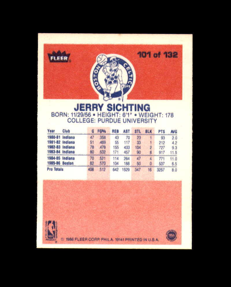 1986-87 Fleer #101 Jerry Sichting MINT Boston Celtics Box Break 9