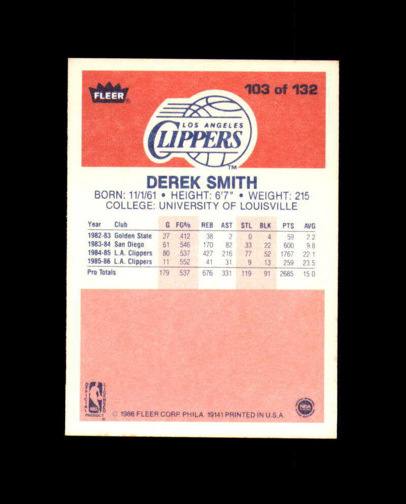 1986-87 Fleer #103 Derek Smith MINT Los Angeles Clippers Box Break