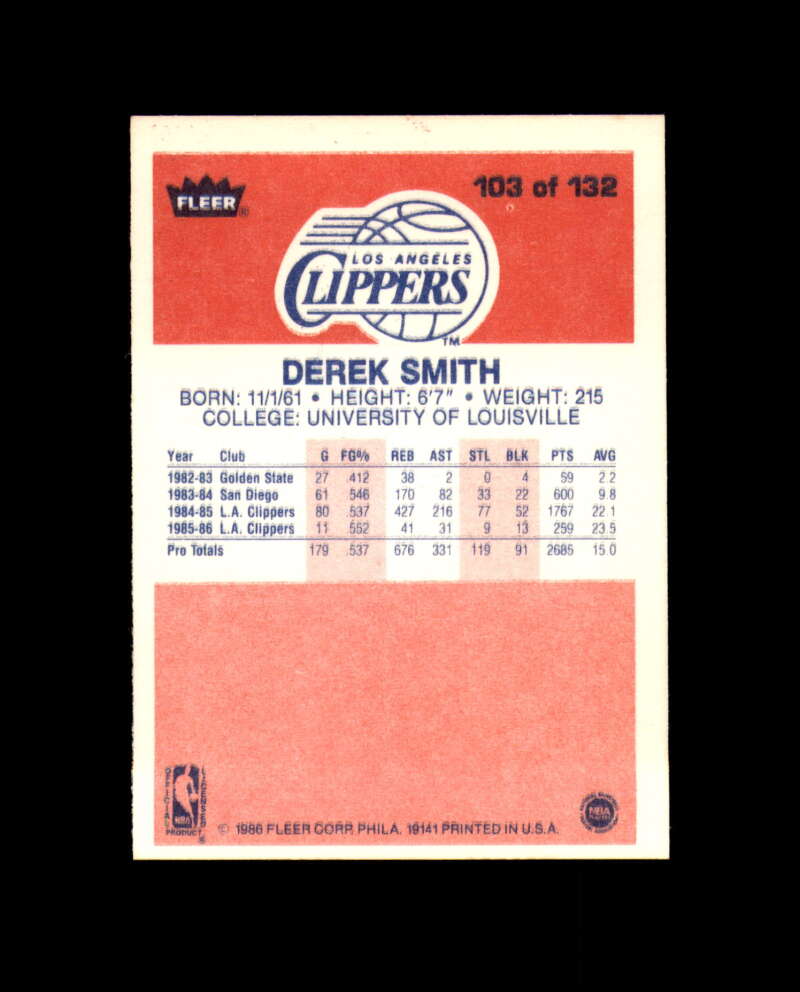 1986-87 Fleer #103 Derek Smith MINT Los Angeles Clippers Box Break 1