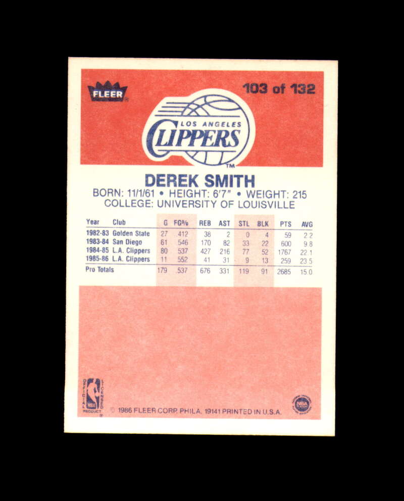1986-87 Fleer #103 Derek Smith MINT Los Angeles Clippers Box Break 3