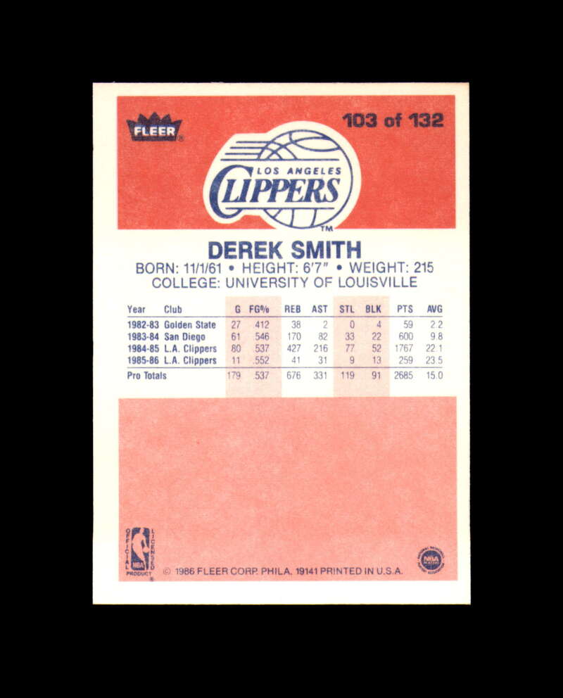 1986-87 Fleer #103 Derek Smith MINT Los Angeles Clippers Box Break 4