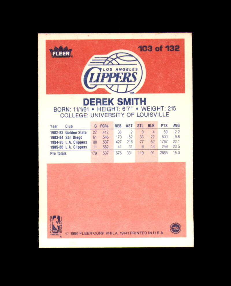 1986-87 Fleer #103 Derek Smith MINT Los Angeles Clippers Box Break 7