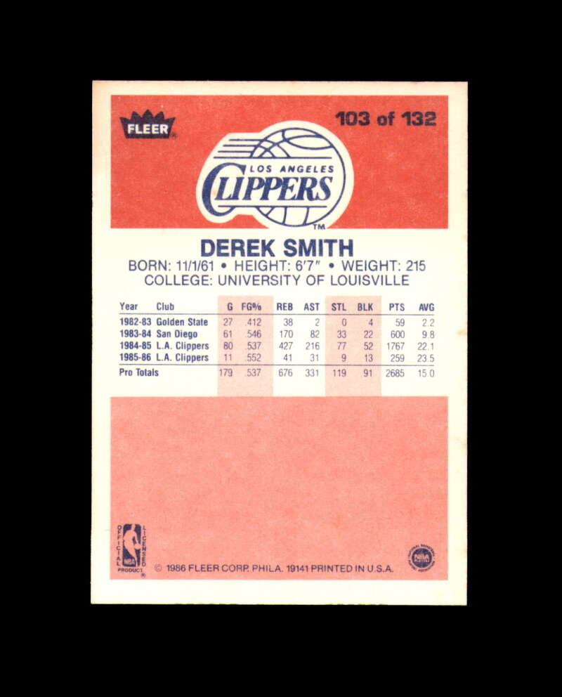 1986-87 Fleer #103 Derek Smith MINT Los Angeles Clippers Box Break 8